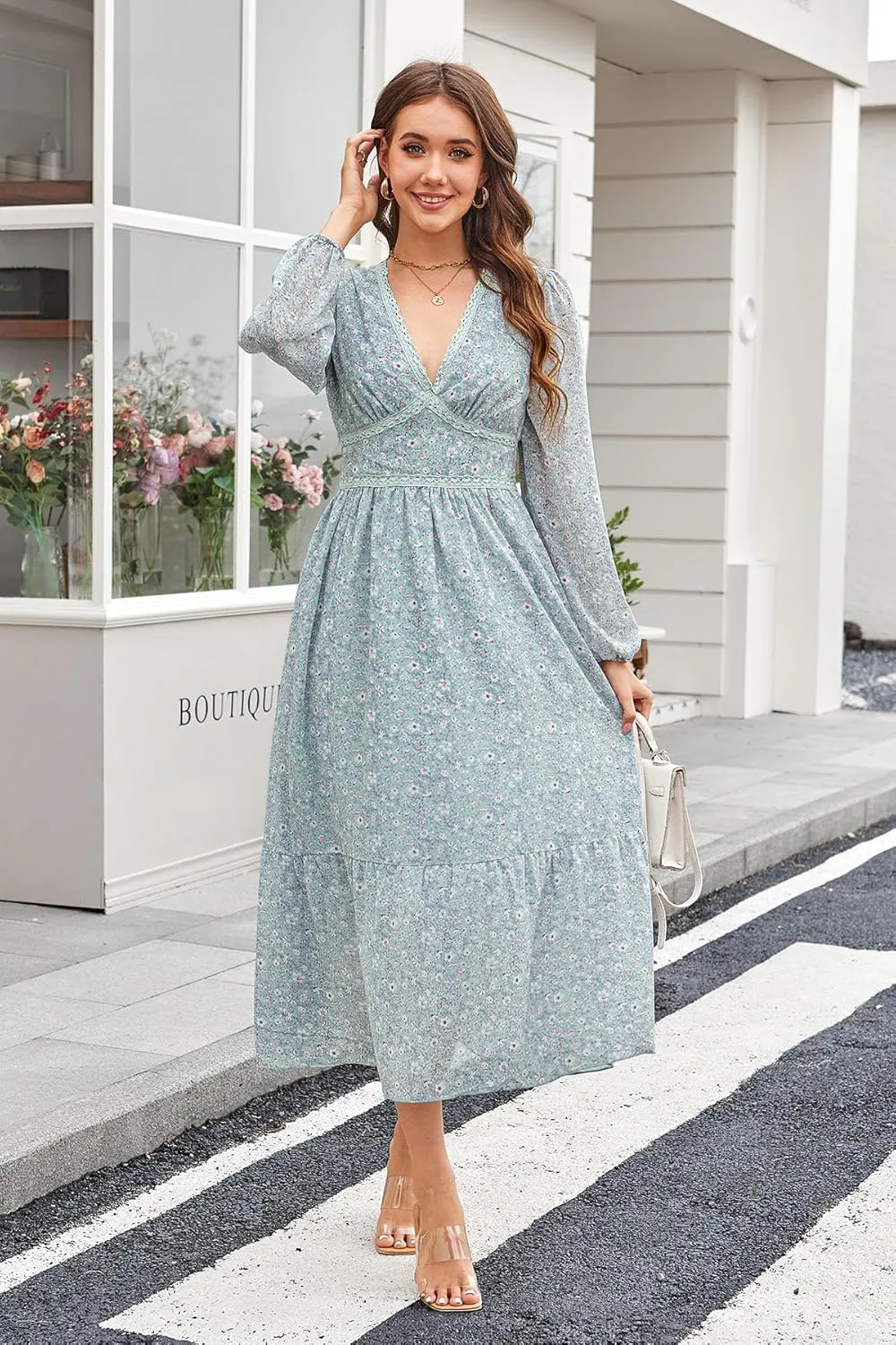 Women's Spring Wrap Maxi Dress Floral V Neck Long Sleeve Wedding Guest Party Casual Chiffon Dress