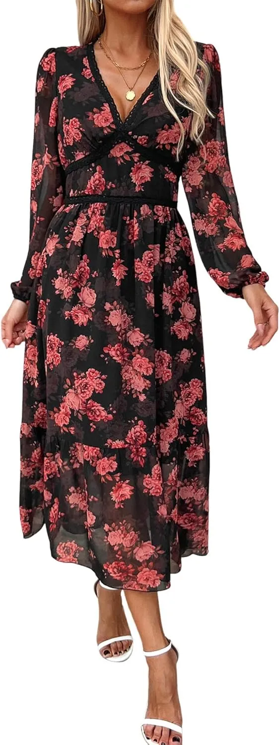 Women's Spring Wrap Maxi Dress Floral V Neck Long Sleeve Wedding Guest Party Casual Chiffon Dress