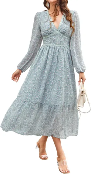 Women's Spring Wrap Maxi Dress Floral V Neck Long Sleeve Wedding Guest Party Casual Chiffon Dress