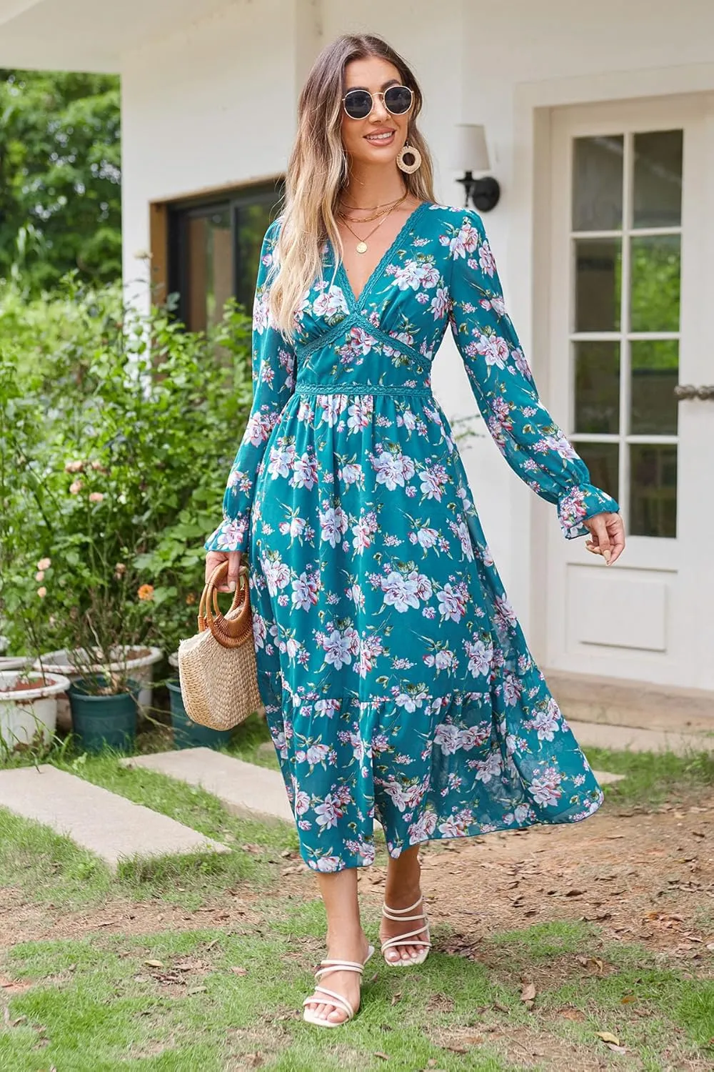 Women's Spring Wrap Maxi Dress Floral V Neck Long Sleeve Wedding Guest Party Casual Chiffon Dress