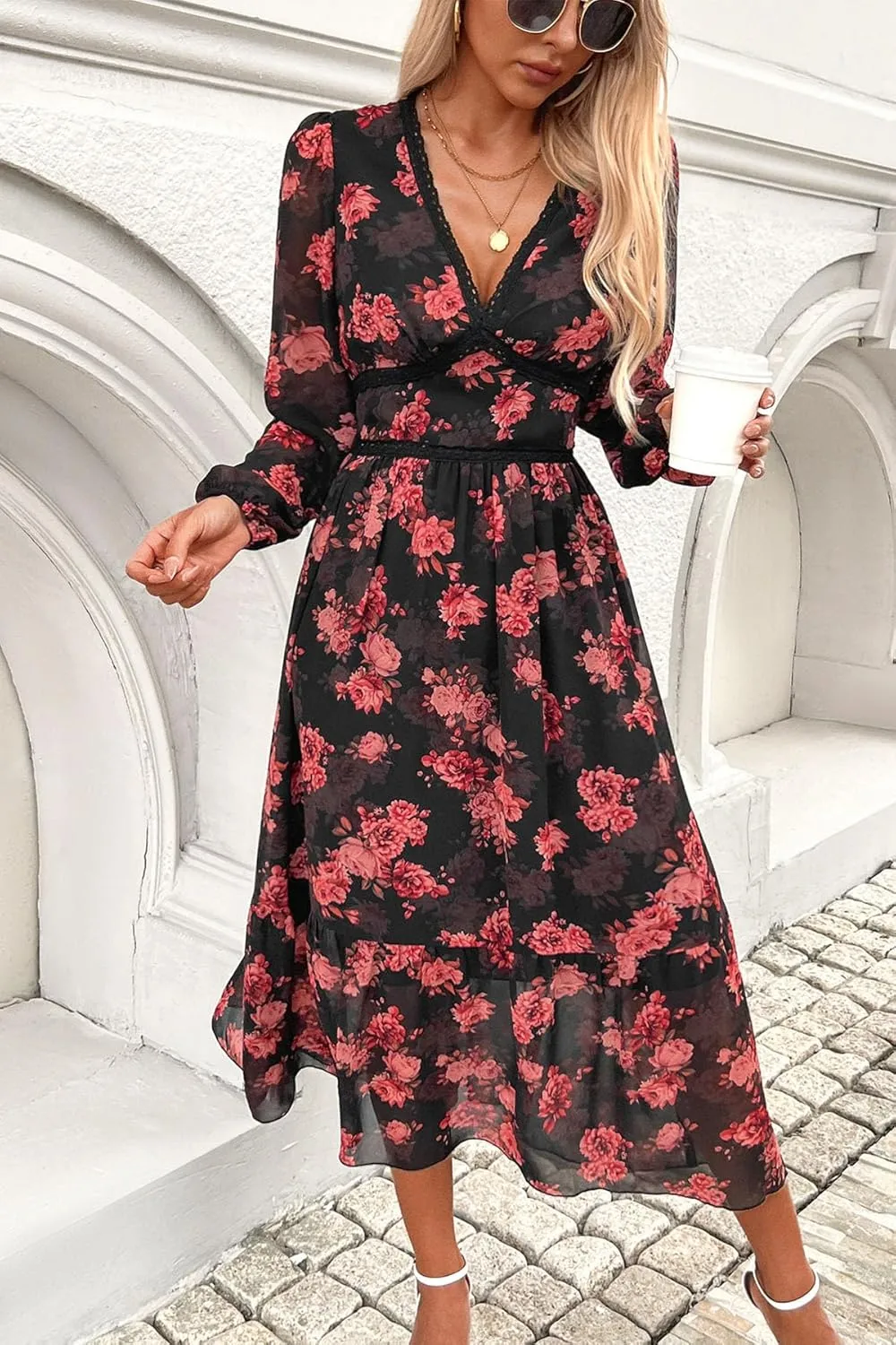 Women's Spring Wrap Maxi Dress Floral V Neck Long Sleeve Wedding Guest Party Casual Chiffon Dress