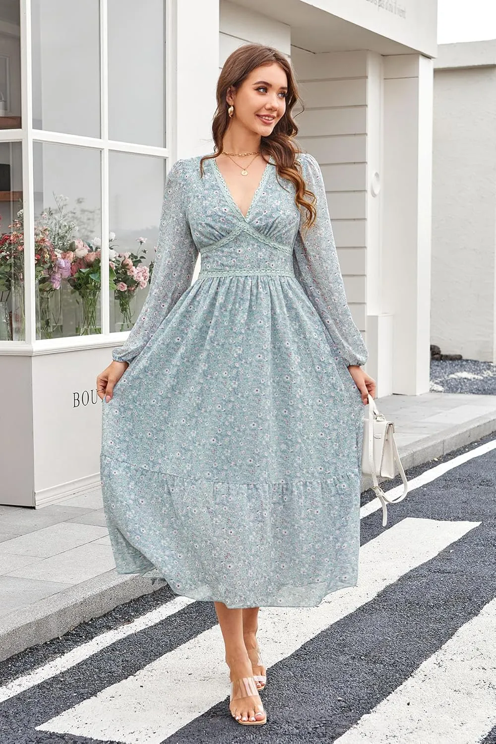 Women's Spring Wrap Maxi Dress Floral V Neck Long Sleeve Wedding Guest Party Casual Chiffon Dress