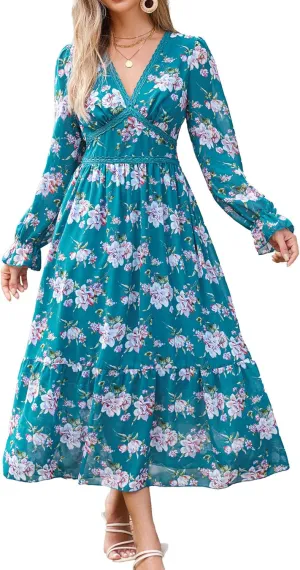 Women's Spring Wrap Maxi Dress Floral V Neck Long Sleeve Wedding Guest Party Casual Chiffon Dress