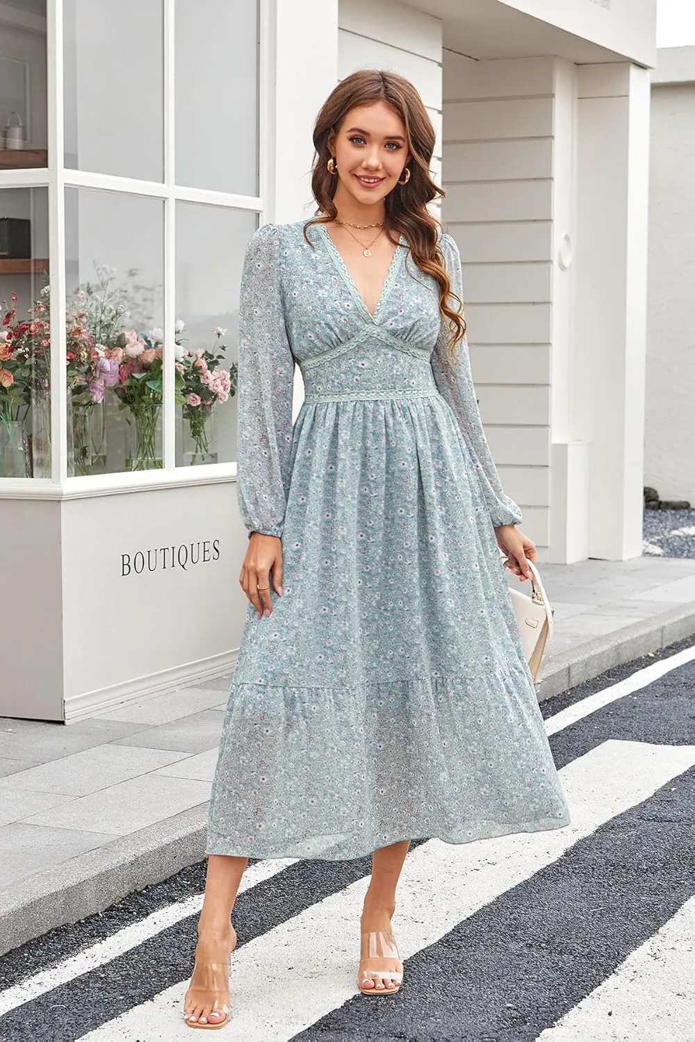 Women's Spring Wrap Maxi Dress Floral V Neck Long Sleeve Wedding Guest Party Casual Chiffon Dress