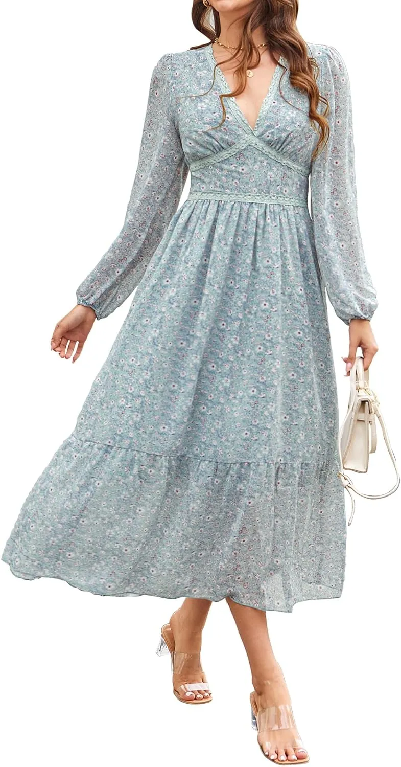 Women's Spring Wrap Maxi Dress Floral V Neck Long Sleeve Wedding Guest Party Casual Chiffon Dress