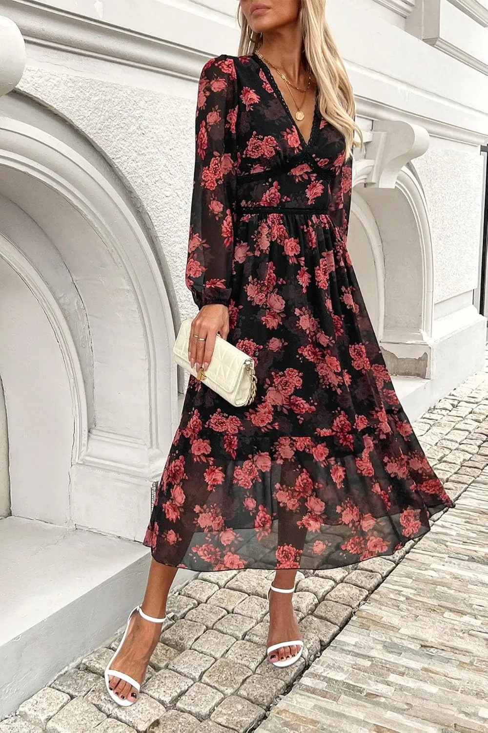 Women's Spring Wrap Maxi Dress Floral V Neck Long Sleeve Wedding Guest Party Casual Chiffon Dress