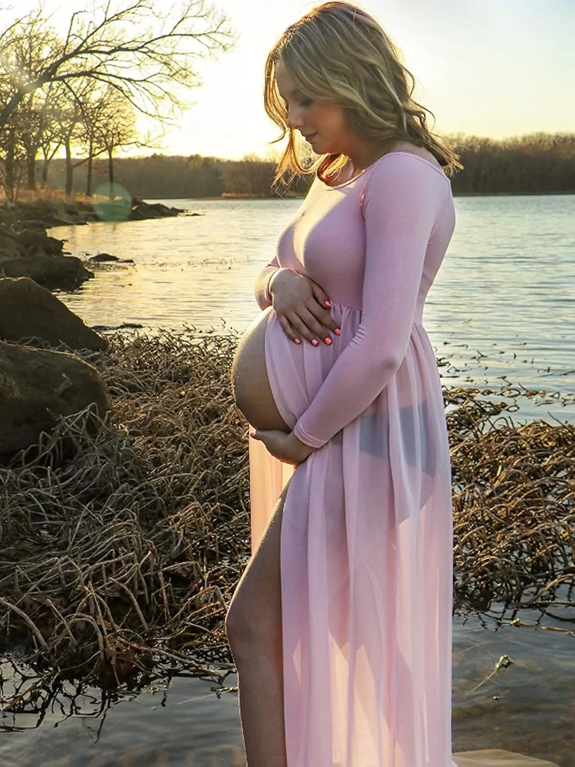 YnimioAOX Women's Off Shoulder Long Sleeve Maternity Dress for Photography Chiffon Maternity Gown for Photoshoot