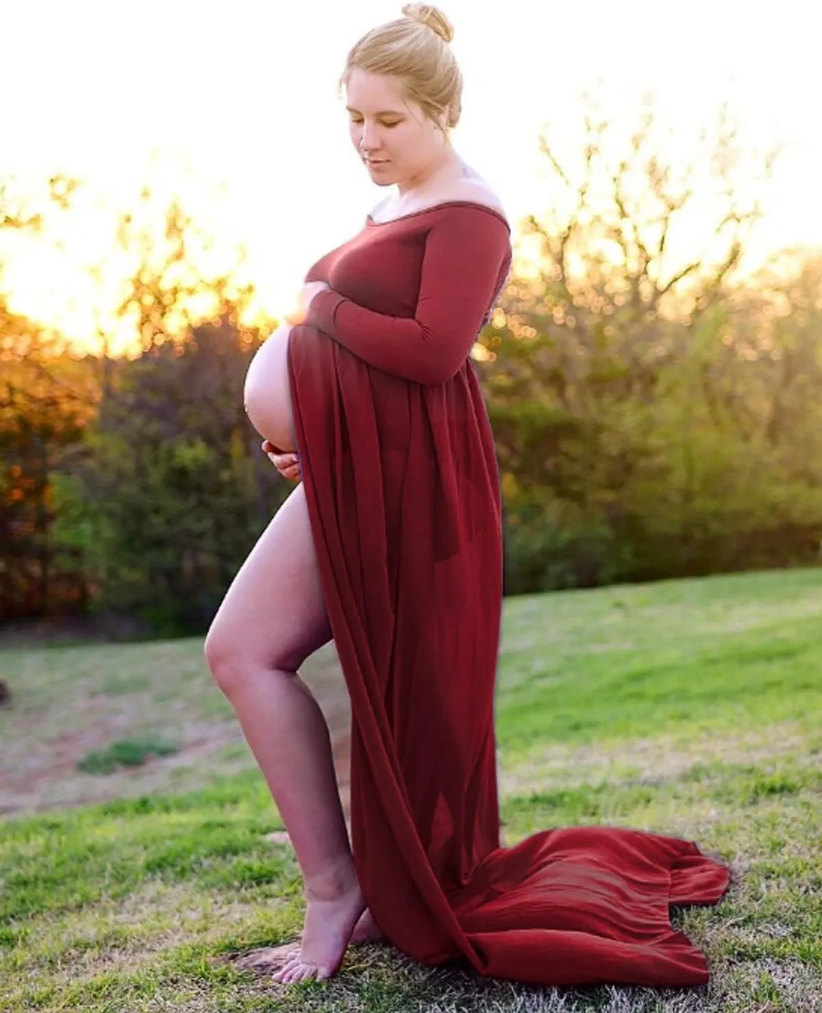 YnimioAOX Women's Off Shoulder Long Sleeve Maternity Dress for Photography Chiffon Maternity Gown for Photoshoot