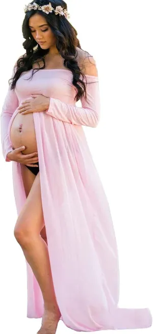 YnimioAOX Women's Off Shoulder Long Sleeve Maternity Dress for Photography Chiffon Maternity Gown for Photoshoot