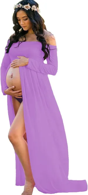 YnimioAOX Women's Off Shoulder Long Sleeve Maternity Dress for Photography Chiffon Maternity Gown for Photoshoot