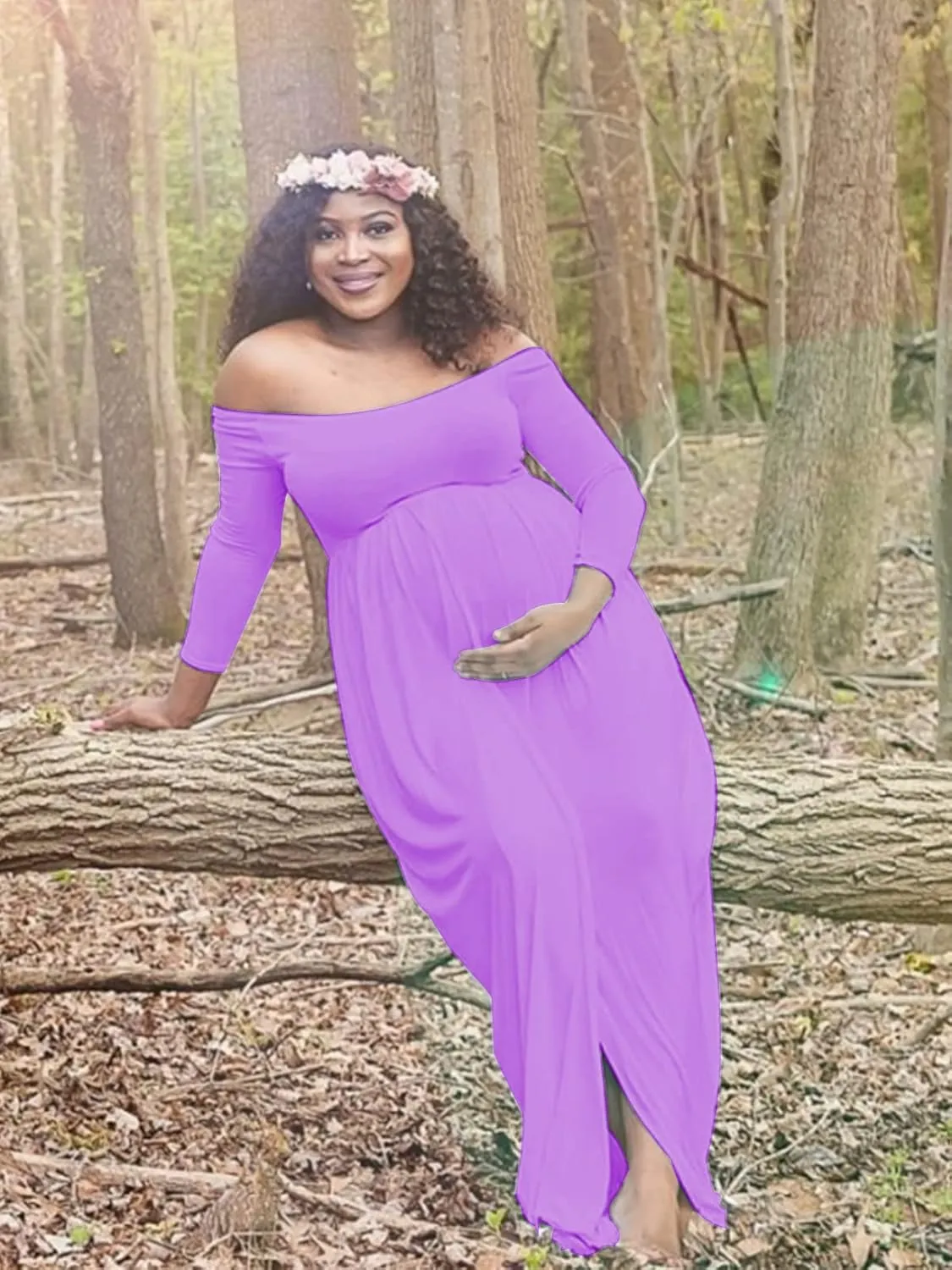 YnimioAOX Women's Off Shoulder Long Sleeve Maternity Dress for Photography Chiffon Maternity Gown for Photoshoot