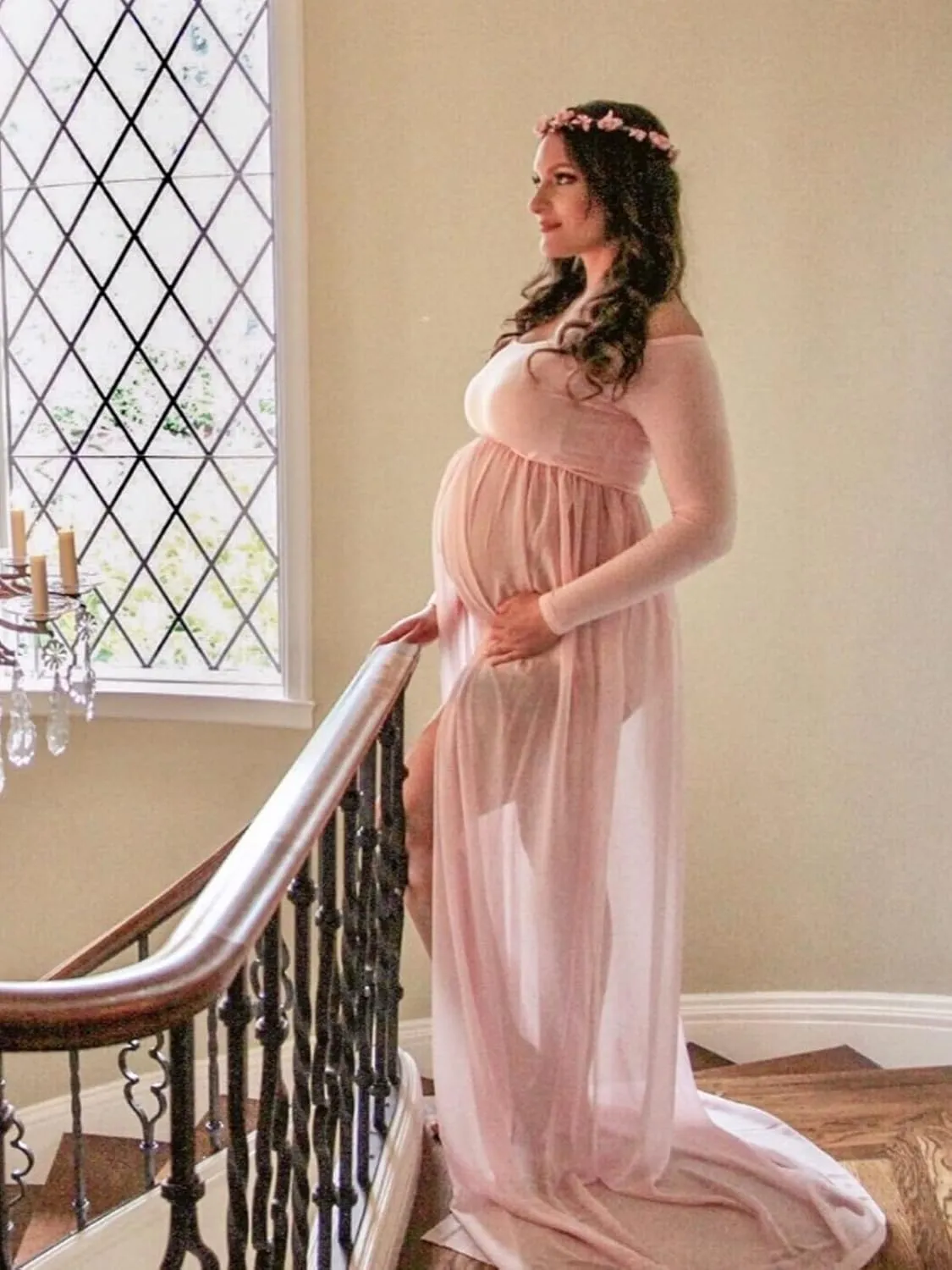 YnimioAOX Women's Off Shoulder Long Sleeve Maternity Dress for Photography Chiffon Maternity Gown for Photoshoot