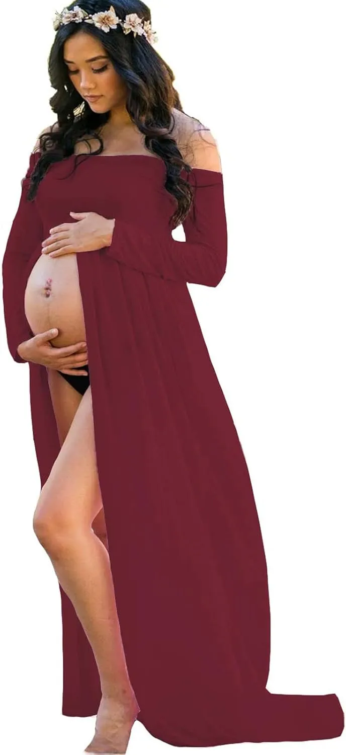 YnimioAOX Women's Off Shoulder Long Sleeve Maternity Dress for Photography Chiffon Maternity Gown for Photoshoot